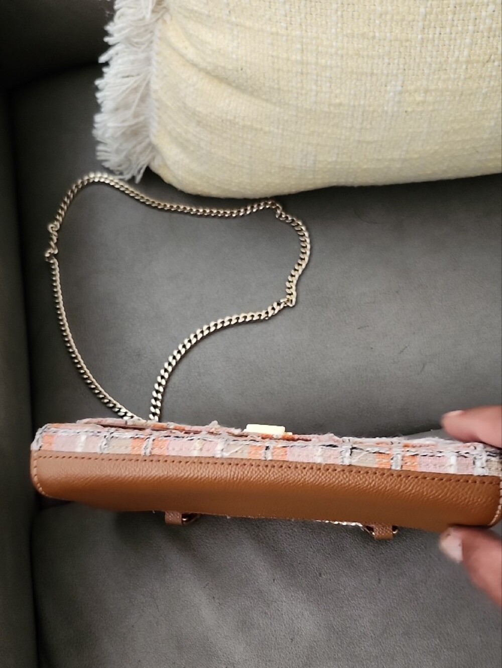 Furla Tweed Crossbody Bag in Pink, White & Brown with Chain Strap - Picture 6 of 11